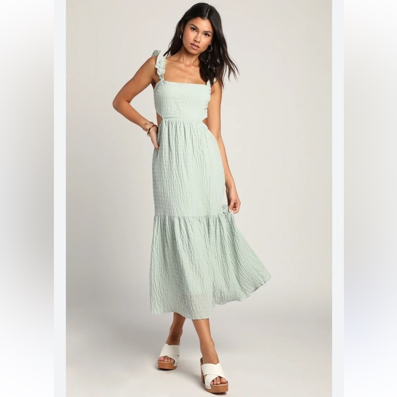 Lulus Dreamiest Darling Mint Smocked Tie-Back Tiered Midi Dress - Picture 1 of 7